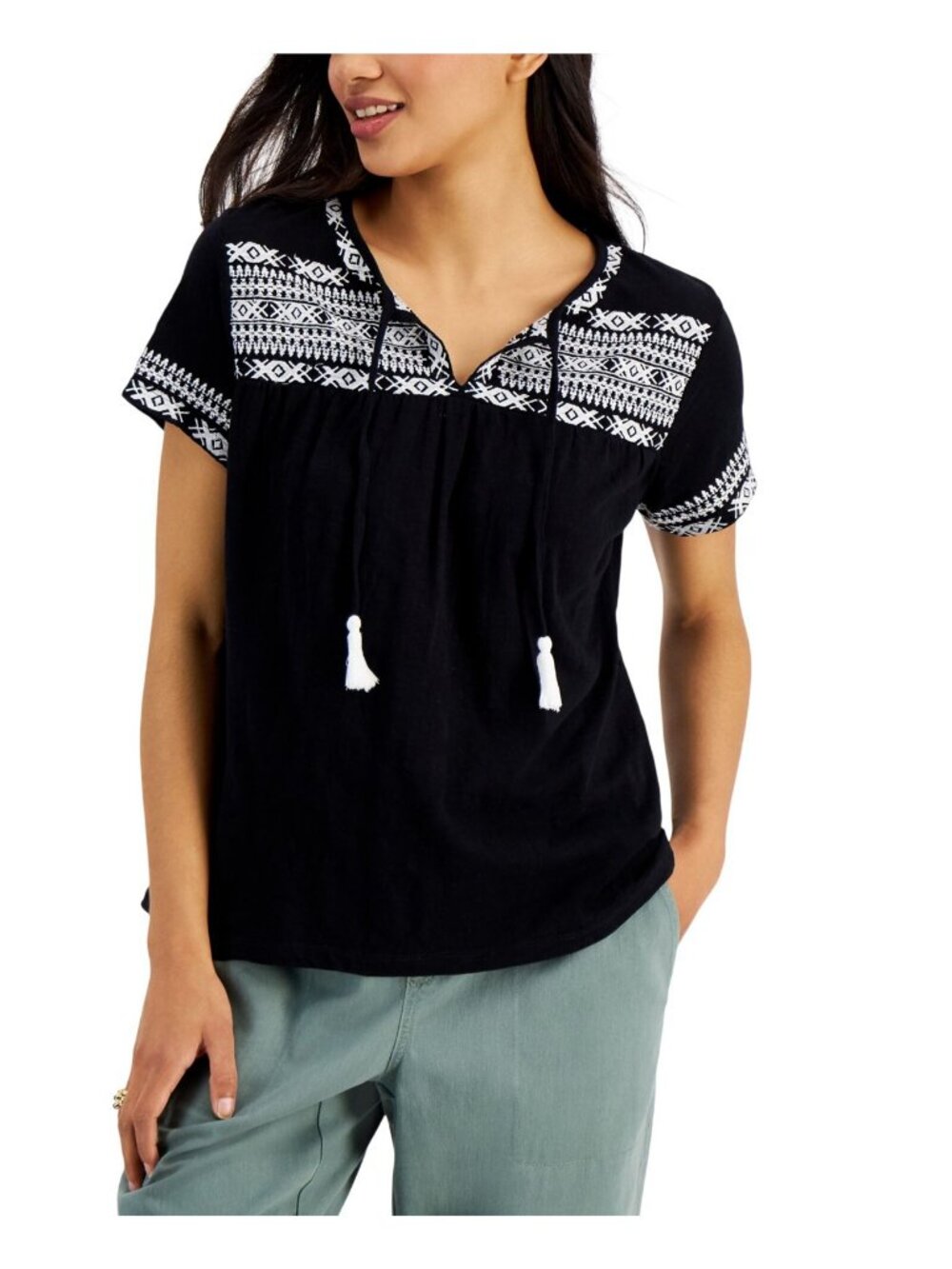 NWT Style & Co. Cotton Embroidered Vacation Top 100122315MS Deep Black S